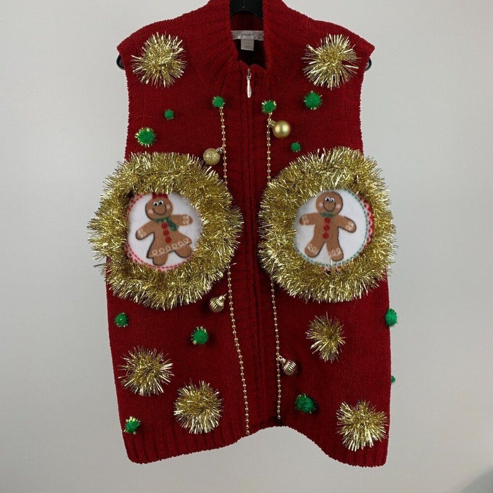 Ugly Christmas Sweater Vest sz 1X Plus Gingerbread Bra Funny Party Winner
